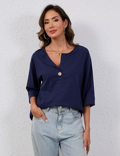 Summer Linen Shirts for Women Button Down V Neck 3/4 Sleeve T-Shirt Blouse Casual Loose Basic Solid Tunic Tops 20254