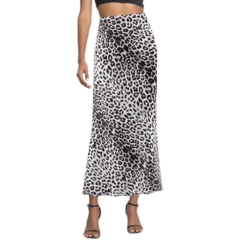 Segreto Women's Leopard Print Skirt A Line Satin Maxi Skirts Stretch Flowy High Waist Midi Long Dress Cover