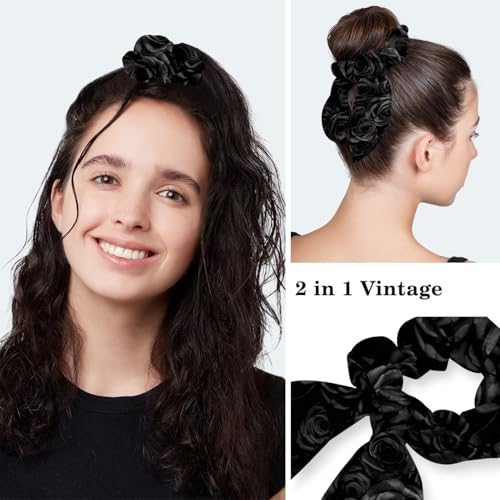 Image of Red Blooming Rose Flowers Black Working Cap with Scrunchy and Ribbon Tie for Women, Long Hair