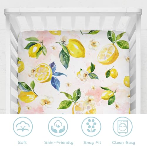 Image of Watercolor Lemons Leaves Baby Crib Sheets 52''x28'' Summer Lemon Boho Flowers Leaves Stretchy Fitted Crib Mattress Sheet for Boy Girl Fruits Soft Baby Sheets for Standard Crib and Toddler Mattresses