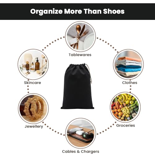 Image of LFH Cotton Rich Shoe Storage Bags with Drawstring, Dustproof Breathable Reusable Organizer, Perfect For Travel, Dorm, Hotel, College, Gym, Machine Washable 12 inchx17 inch (Pack of 4) - Black sand