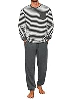 Runcati Schlafanzug Herren Lang Zweiteiliger Pyjama Set Langarm Gestreiftes T-Shirt und Einfarbig Schlafanzughose Männer Baumwolle Rundhals Nachtwäsche Dunkelgrau L