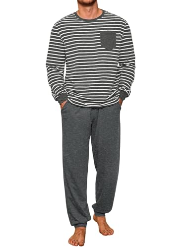 Runcati Schlafanzug Herren Lang Zweiteiliger Pyjama Set Langarm Gestreiftes T-Shirt und Einfarbig Schlafanzughose Männer Baumwolle Rundhals Nachtwäsche Dunkelgrau L