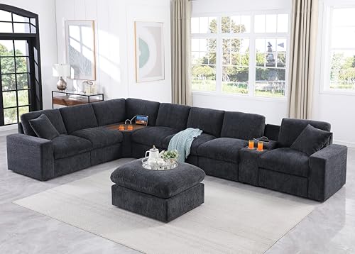 Image of Ball & Cast 157 inch Oversized Modular L-Shaped Sectional Sofa,Large Chenille Upholstered Couch 8 Seat with Ottoman,Cup Holders&USB Ports,Comfty Sectionals W /Pillows&Storage Box,for Living Room,Dark Gray