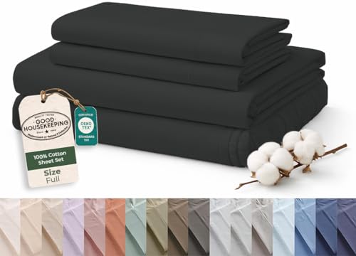 Image of ROYALE LINENS 100% Organic Cotton Full Sheet Set - 16 inch Deep Pocket Bed Sheets - Eco Friendly Black Bed Sheets - Sabanas Full - 1 Flat, 1 Fitted & 2 Pillowcases - Black Sheet Set - Cotton Bedding Sets
