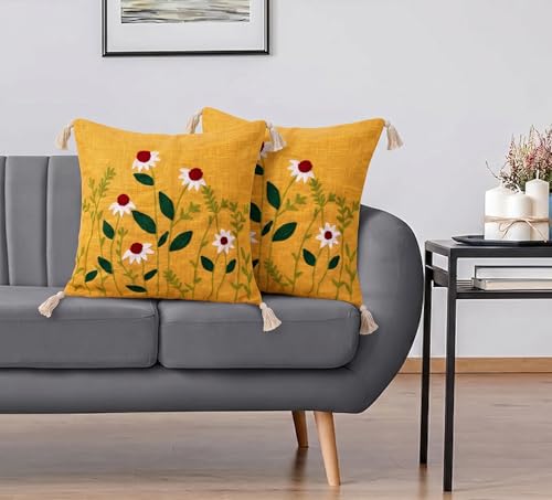 Image of Furnistitchs Handmade Cotton Bohemian Home Decor Cushion Cover 24x24 inches / 60x60 cms - Boho Chic Couch Sofa Throw Living Room Bedroom Cushions (2, Yellow Floral Cuts)