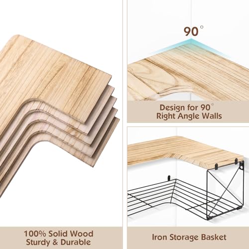 Corner Shelves Wall Mounted, 5+1 Corner Shelves with Wire Storage Basket, Rustic Paulownia Wood Corner Shelf, R-Angle Design, Corner Floating Shelf for Bathroom/Living Room/Kitchen (5+1 Light Brown) - Image 6