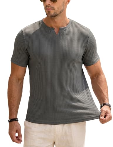 Image of Muscle Cmdr Men’s Henley T-Shirt Short & Long Sleeve V Neck Slim Fit Soft Stretch Casual Athletic Tee Medium Weight Grey XS