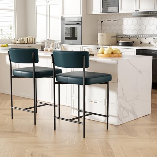 Image of Bar Stools Set of 2, Faux Leather Counter Height Barstools with Curved Back, 25 Inch Upholstered Bar Chairs, Modern Counter Stools for Kitchen lsland, Dark Blue