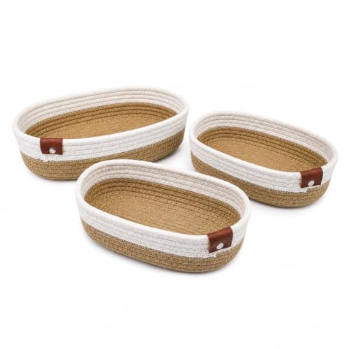 Image of [Set of 3-L-9x5.5 inch, M-8.5x5 inch, S-8x4.5 inch, Oval, Beige & White] Handwoven Soft Jute Cotton Basket | Naturally Reshapes After Filling | Storage, Organization & Gift Hampers
