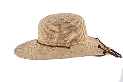Scala Chapéu feminino de ráfia de aba grande com cordão de queixo de couro, Natural, Tamanho Único