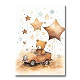 Cars With Stars And A Brown Teddy Bear, In The Style Of Soft Watercolours, Grey Nursery, Bear Nursery Print, Poster Prints -  StoreUSA99