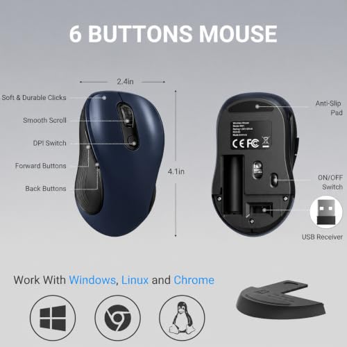 Image of WisFox 2.4GHz Wireless Mouse for Laptop, Ergonomic 6-Button, Matt Gray