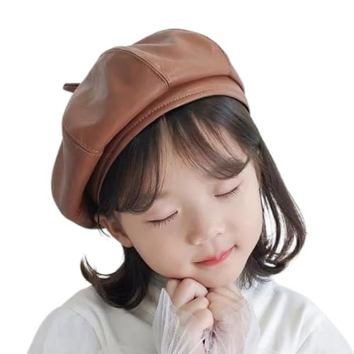 Queenbox Kid Cool PU Leather Beret, Octagonal Adjustable Beanie Cap for 2-9 Year Children, Brown