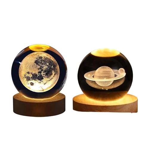 Image of 2 Pcs 3D Saturn & Moon Crystal Ball Lamp with Wooden Base, USB Powered RGB Crystal Night Light, Celestial Planets Edition, Perfect for Creating a Dreamy Atmosphere.