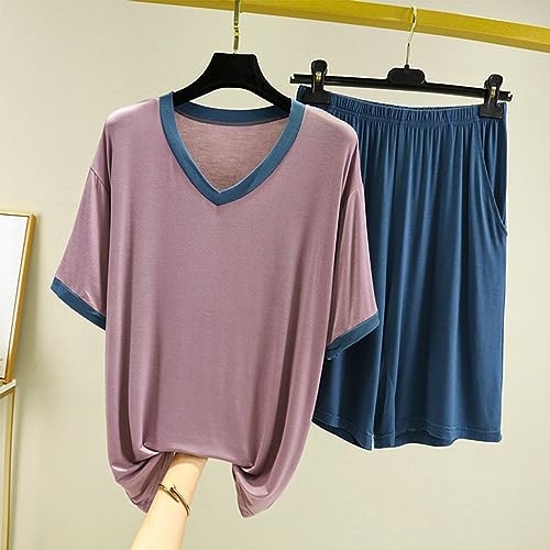 2-Piece Mens Shorts Pajama Sets Summer V-Neck Short Sleeve Shorts Pjs Set with Henley Top 4XL-6XL2