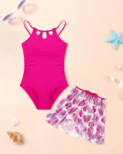 Image of Redair Girls Swimsuit One Piece Swimwear with Tropical Printed Cover Up Skirt Girls Bathing Suits Set 7-16 Years