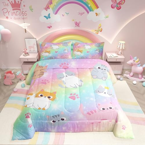 Erosebridal Rainbow Cat Full Bedding Sets for Girls,Kids Cute Cat Comforter Set Teen Pastel Gradient Glitter Stars Cat Bed Comforter Sets Cartoon Animal Kitten Paw Quilt 2 Pillow Cases Colorful