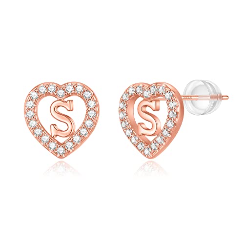 Initial Heart Earrings for Girls - Rose Gold Plated Heart Initial Stud Earrings for Little Girls Kids Baby Earrings Non Tarnish Hypoallergenic Earrings for Teen Girls Gifts Jewelry Sterling Silver Earring Post