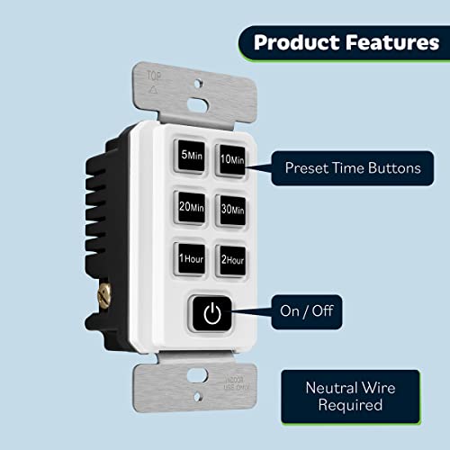 Topgreener 2-Hour Countdown Timer Switch, 5-10-20-30 Min 1-2 Hour Settings, For Fans And Lights, Led Indicator, 120Vac 60Hz, 1/2Hp, 150W Led, Neutral Wire Required, Ul Listed, Tgt06-2H-Rt-W, White #TOP1