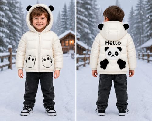 Image of Bold N Elegant Cartoon Bear Kids Shiny Sparkling Quilted Winter Warm Standard Length Wool Blend Hood Jacket Coat Bomber Puffer Jacket for Boys Girls Kids