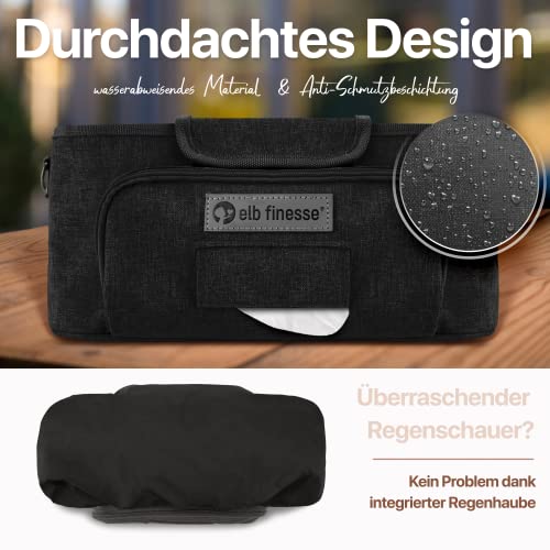 elb finesse ® Premium Kinderwagen Organizer I Wasserabweisender Buggy Organizer inkl. Schultergurt I Kinderwagen Taschen I Kinderwagen Zubehör I Getränkehalter Kinderwagen (Schwarz)