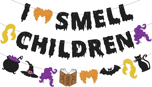 I SMELL CHILDREN Black Glittery I Smell Children Banner for Hocus Pocus Decorations Halloween Theme Birthday Trunk or Treat Baby Shower Holiday Haunted House Party Decorations