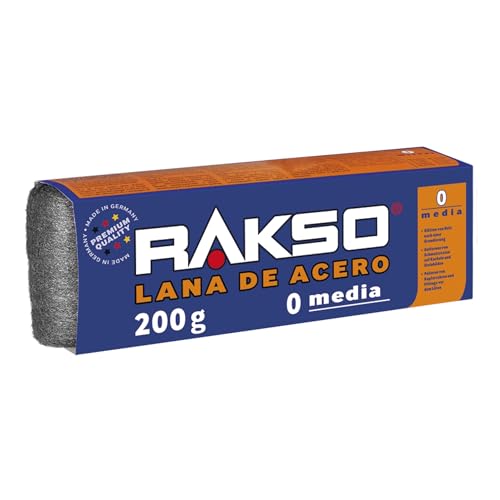 RAKSO Lana de Acero Grado Medio 0 – 400 g, 2 rollos de 200 g, alisa madera, elimina suciedad de azulejos/suelos de piedra, pule tubos y accesorios de cobre