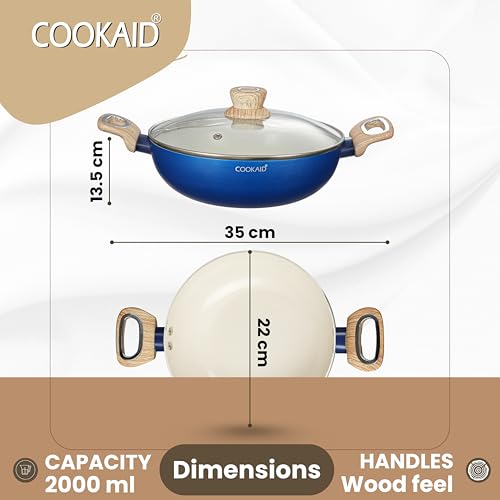 Image of Kadhai with Glass Lid 22cm 2 Litre | Velora Non Stick Ceramic Coating | ISI Certified | Aluminium Body | Induction Stovetop Compatible | Kitchen Cookware Kadai for Cooking |