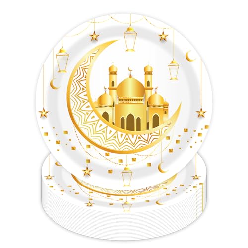24pcs 9 Inch Eid Mubarak Paper Plates Set Ramadan Theme Disposable Paper Plates for Eid Mubarak Decorations Festive Party Supplies with Islamic Design for Home Gatherings Ramadan Iftar Dinners