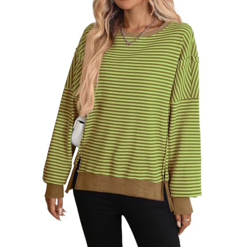 Womens Striped Long Sleeve Shirt Crewneck Split Oversized Fall Sweatshirt - image 2
