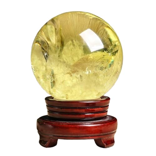 Citrine Ball Crystal Gemstone Sphere with Wooden Base, Yellow Sculpture Figurine for Fengshui Divination Home Decoration,9.5cm/3