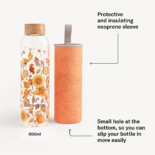 waterdrop Edition Glass Bottle 600ml leakproof | BPA free Water Bottle | Glass Water Bottle with Bamboo Lid and Neoprene Protection Sleeve, Glass Drinking Bottle | Sustainable Borosilicate Glass - Image 3