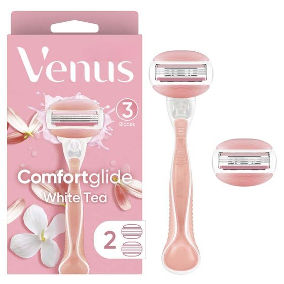 V'enus ComfortGlide White Tea Razor for Women, 3 blades, Manual Razor, Handle and 2 Blade Refills, (Pink)
