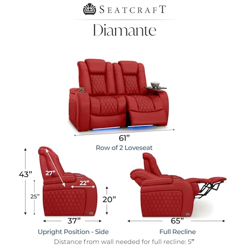 Image of Seatcraft Diamante Red Italian Leather Home Theater Seating, Zero Gravity Power Recliner Gaming and Home Office Chair, Powered Headrest Lounge Sofa Furniture for Cinema Room, Row of 2 Loveseats