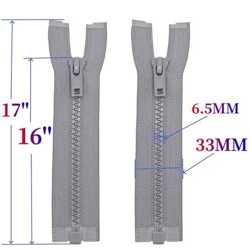 Image of MebuZip 2PCS #5 16 Inch Separating Jacket Zippers Resin Zipper Molded Plastic Zippers Bulk for Sewing Coat Jackets Clothes (Grey)