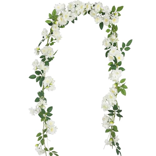 GhuaH 2 Pcs Artificial Flowers Garland for Outdoors White Faux Gardenia Garland 12Ft Silk Rose Hanging Vines Floral for Wedding Arch Party Wall Garden Ceremony Backdrop Fence Spring Decor