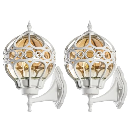 Globe Outdoor Wall Lights for Porch Patio Garage, White Aluminum Outdoor Light Fixtures Wall Mount, Sphere Waterproof Outside Wall Sconces Exterior House Lantern Lighting with Amber Glass, 2 Pack