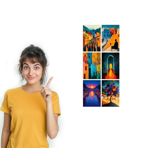 Image of SiddArtify Abstract Village Wall Art Poster Print Set - Modern Architectural Decor for Living Room Office - Set of 2-4x6 Inch - Board (Pack of 6) - Sticker (Pack of 6)