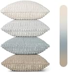 Boîte de 4 Couvertures d'oreillers à jet décoratif 18x18 Encre douce en peluche Corduroy carré rayé Oreillers Bleu Beige Café Gris Fluffi Coussin Cas Boho Décor pour Agritourisme Salon Lit Canapé