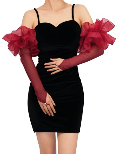 XXDingbs Puff Long Sheer Gloves Oversize Stretchy Tulle Mesh Gloves for Wedding Evening Opera Party Burgundy