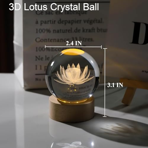 Image of 3D Crystal Ball LED Night Lamp with Wooden Base | Warm Light Bedside Table Lamp for Bedroom, Living Room, Kids Room, Study, Home Decoration & Gifting (Lotus)