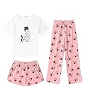 Arshiner Girls Pajama Set 3 Piece Short Sleeve Sleepwear Summer Soft Cute Pjs Outfits Cat Girls Pjs Size 7