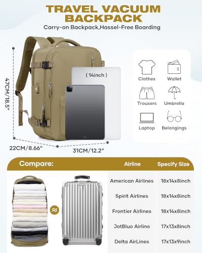 Image of Vacuum Seal Travel Backpack Built-in Pump,Air Compression System Vacuum Vacpack Backpack Travel Bag for Women Men Carry On Suitcase Luggage Laptop Airlines Approved Daypack Space Saver Bags Khaki