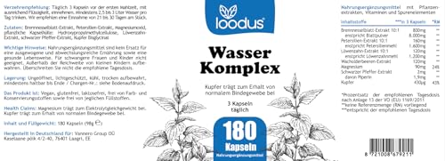 Wasser Komplex - 180 Brennnessel Extrakt Kapseln mit Petersilie Wacholderbeeren Löwenzahn Magnesium sowie Kupfer für das normale Bindegewebe - ohne chemische Entwässerungstabletten stark von loodus®