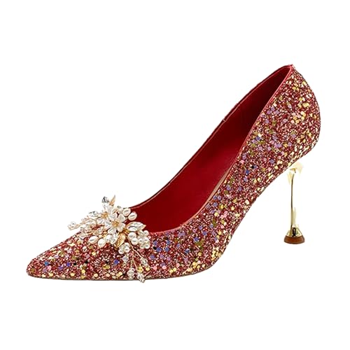 Women's Shiny Sequined Pearl Flowers Red Stiletto Heels Sexy Pointed