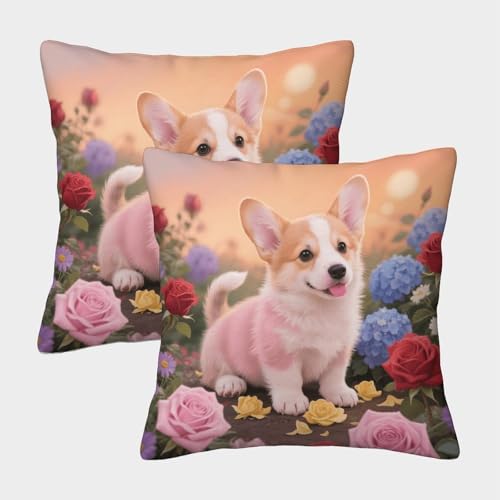 Funda De Cojín con Cachorro Corgi Juego De 2, Microfibra Suave Funda De Almohada con Cremallera Invisible, Fundas Decorativas para Sofá Coche Cama Sillas, 50x50cm