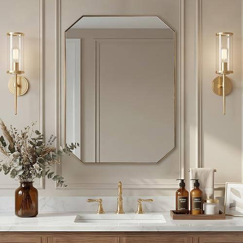 Image of ANDY STAR Gold Octagon Bathroom Mirror, 24x32 Inch Stainless Steel Metal Frame, Anti-Rust, Shatterproof HD Glass, Wall Mounted for Bathroom, Bedroom, Living Room