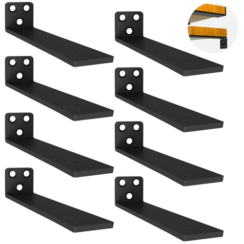 Heavy Duty Floating Shelf Brackets 10 inch, 8 PCS Wall Mounted L Shaped Support, Rustic Metal Shelf Brackets for Floating Shelves | Holds 150+lb (Black)