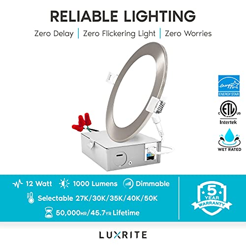 Luxrite 6 Inch Ultra Thin Led Recessed Light With J-Box, 12W, 5 Color Options 2700K | 3000K | 3500K | 4000K | 5000K, Dimmable Wafer Light, 1000 Lumens, Brushed Nickel, Energy Star, Ic Rated #TOP6